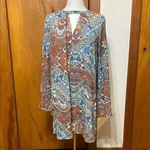 Bohemian Hippie Multicolor Paisley Long Sleeve Dress Bell Sleeves Length 33” - S